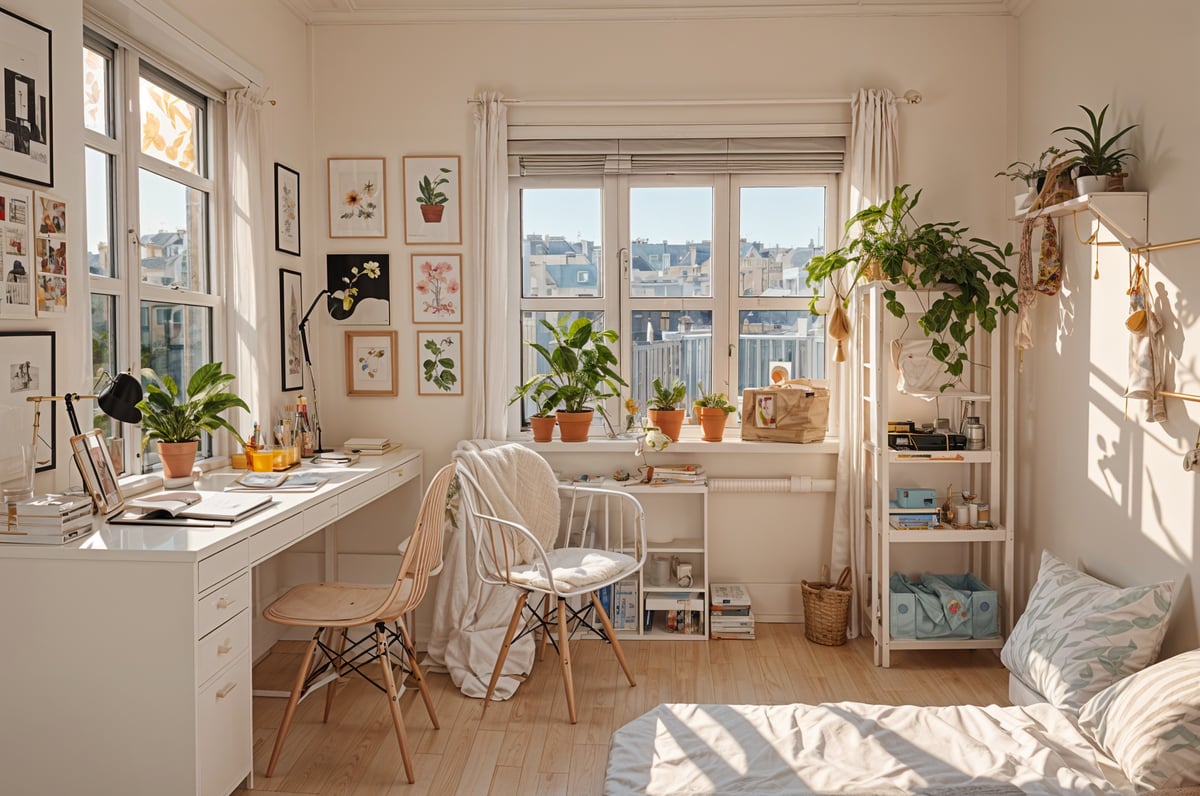 A dorm room with a desk, chair, and lots of potted plants. The room is bright and sunny, with a window providing a view of the city. The space is decorated with various art pieces and has a cozy, inviting atmosphere.