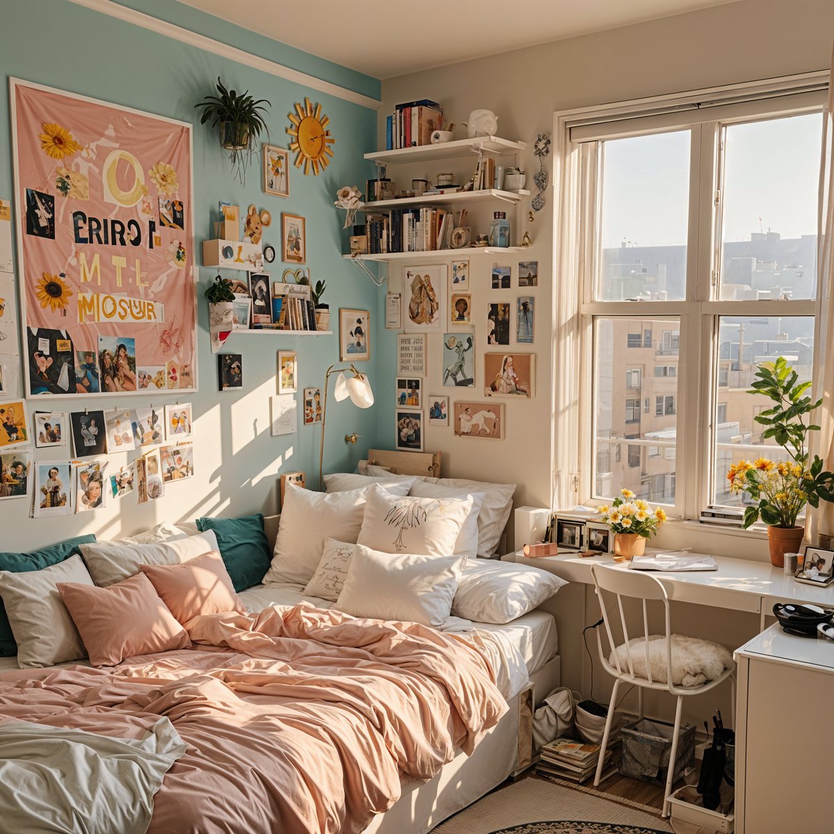 A cozy dorm room with a white bed, pink sheets, and a window view. The room is decorated with various pictures and plants, creating a warm and inviting atmosphere.