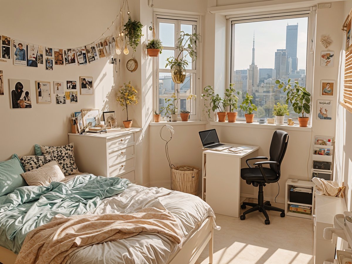 A dorm room with a bed, desk, and many potted plants. The room is brightly lit and has a cozy atmosphere.