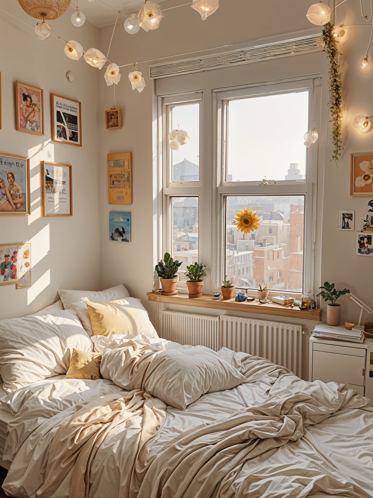 A cozy dorm room with a bed, window, and various decorations. The bed is covered in white sheets and has a yellow pillow. There are several potted plants and vases throughout the room, adding a touch of greenery and elegance. A sunflower is also visible, brightening up the space. The room is well-lit by the sunlight coming through the window, creating a warm and inviting atmosphere.