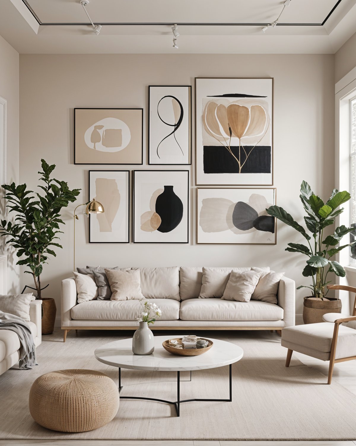 A contemporary living room with a white couch, round table, and artwork on the wall. The room is decorated with potted plants and vases.