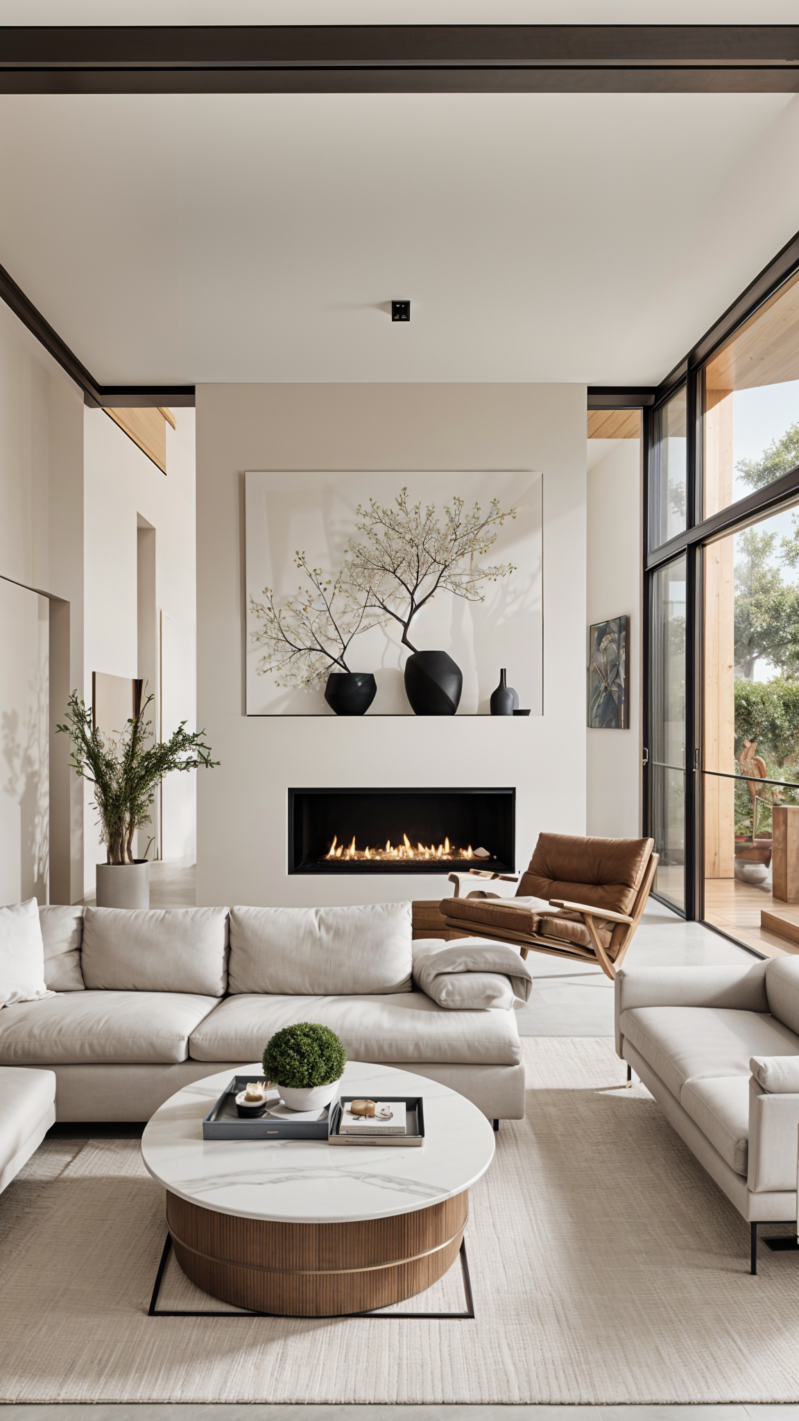 A cozy contemporary living room with a fireplace and a large window. The room is furnished with a couch, chair, and a coffee table. The fireplace has a fire going, creating a warm and inviting atmosphere. The room is decorated with a painting above the fireplace and a vase on the coffee table.