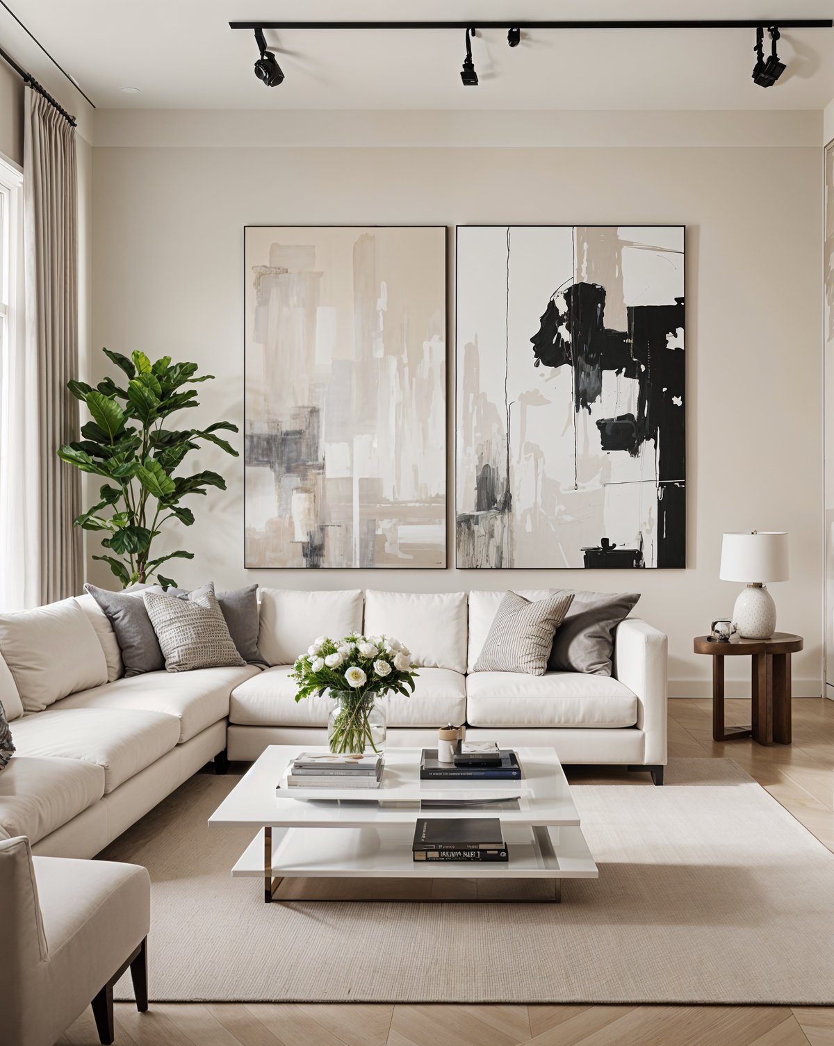 A white couch with a coffee table and two paintings on the wall. A potted plant and a vase of flowers on the table.