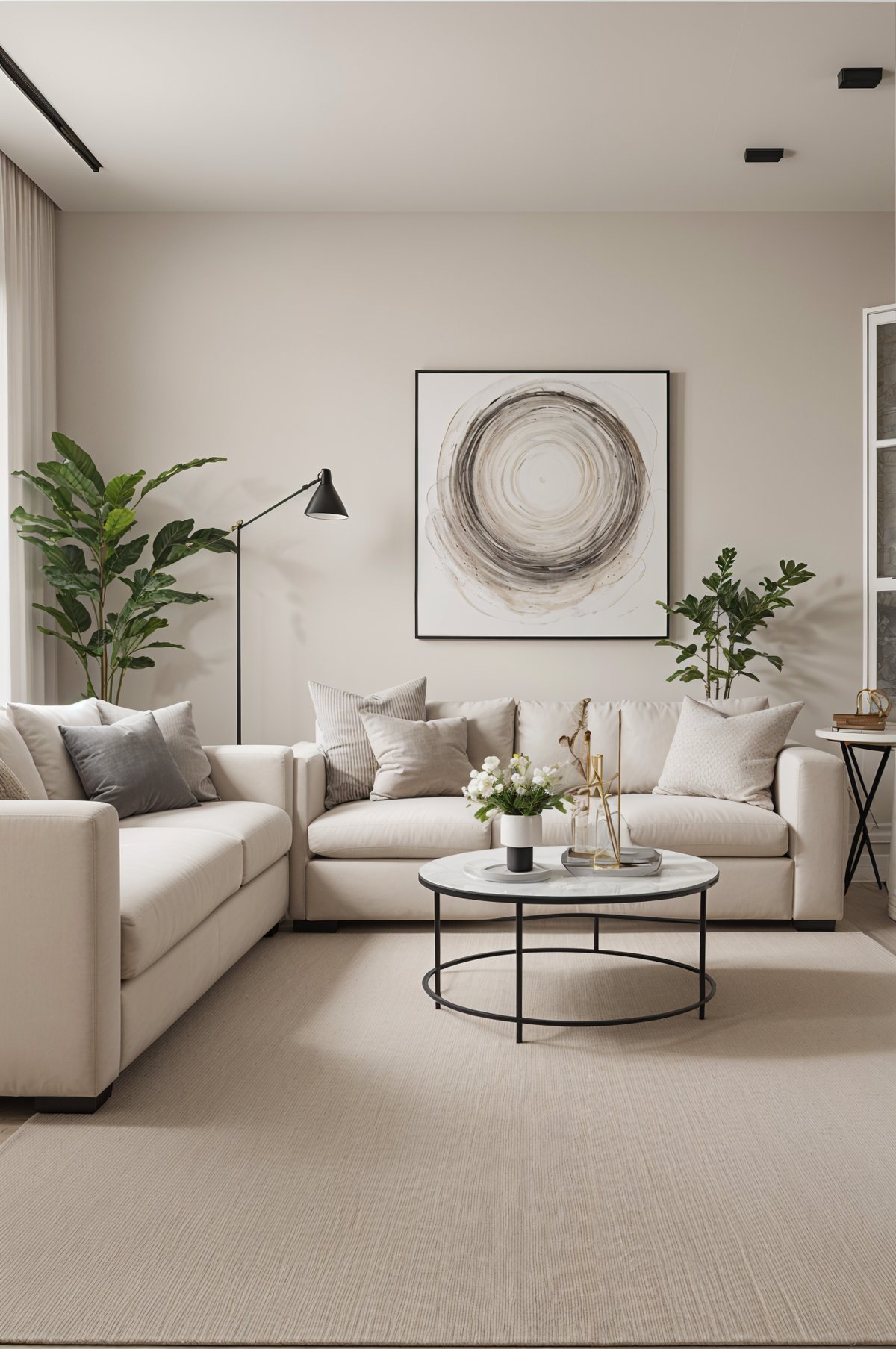 A contemporary living room with a white couch, a coffee table, and a large painting on the wall. The room is decorated with several potted plants and vases.