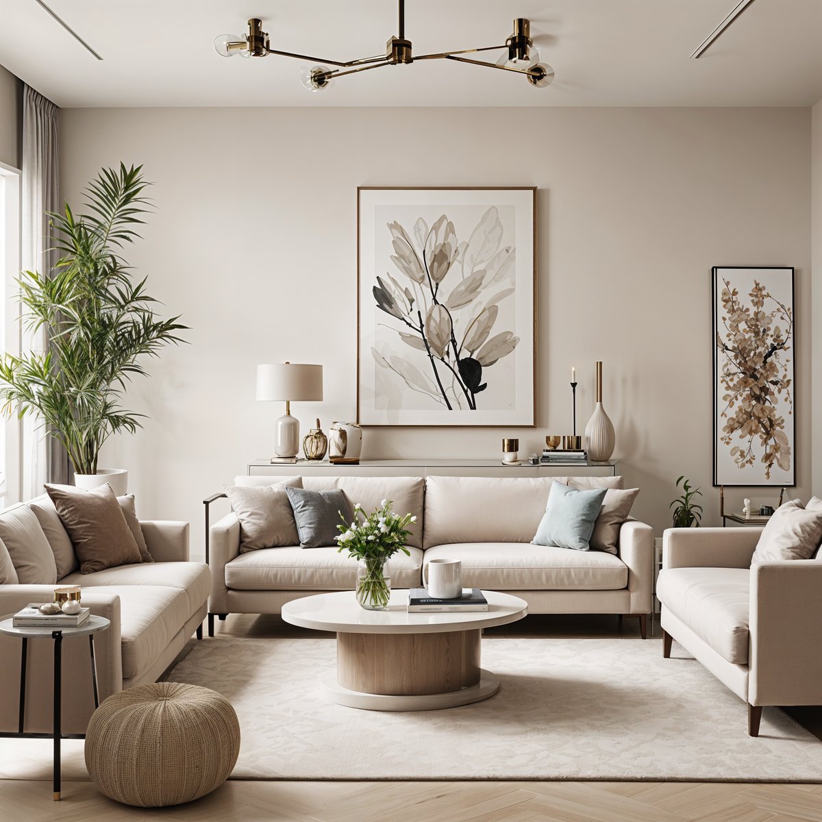 A contemporary living room with a couch, coffee table, and painting on the wall. The room is decorated with potted plants and vases.