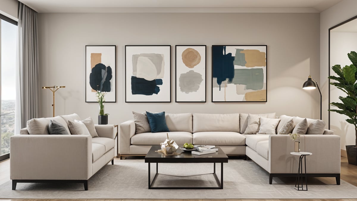 A living room with a couch, table, vase, bowl, rug, and potted plant.