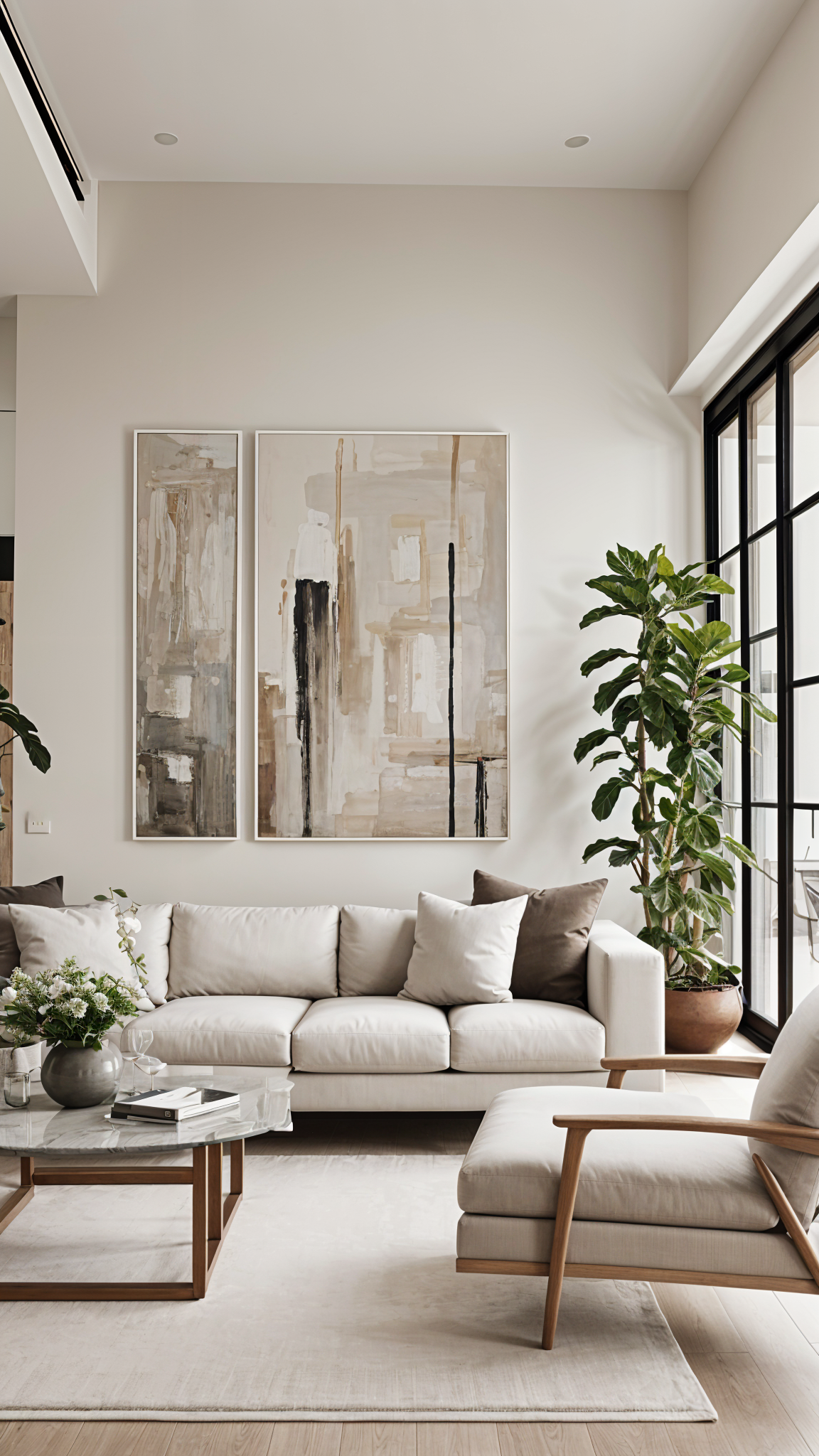 A contemporary living room with a white couch, two paintings, and two potted plants.