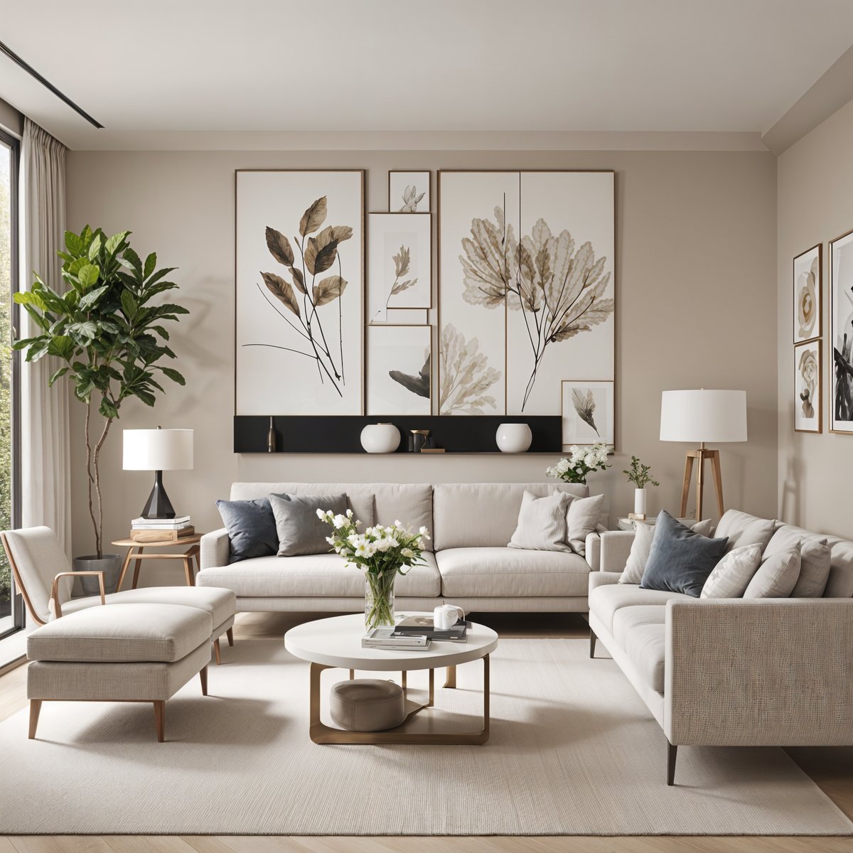 A contemporary living room with a couch, coffee table, and pictures on the wall.