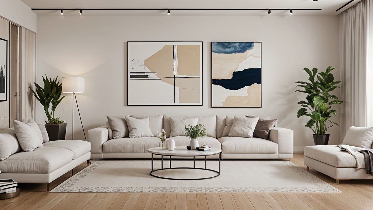 Contemporary living room with a white couch, paintings, and a potted plant on a coffee table.