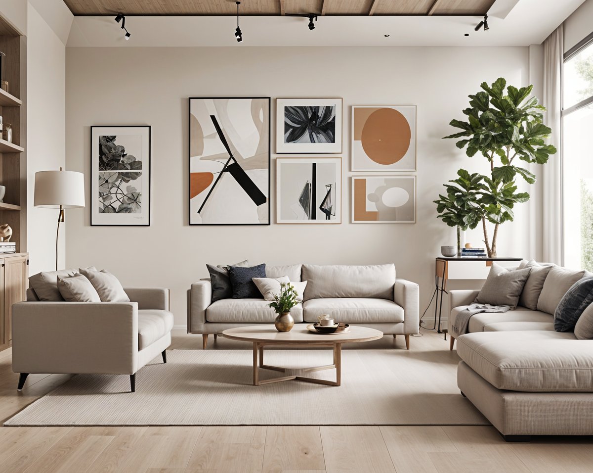 Contemporary living room with a large white couch, wooden coffee table, and artwork on the wall.