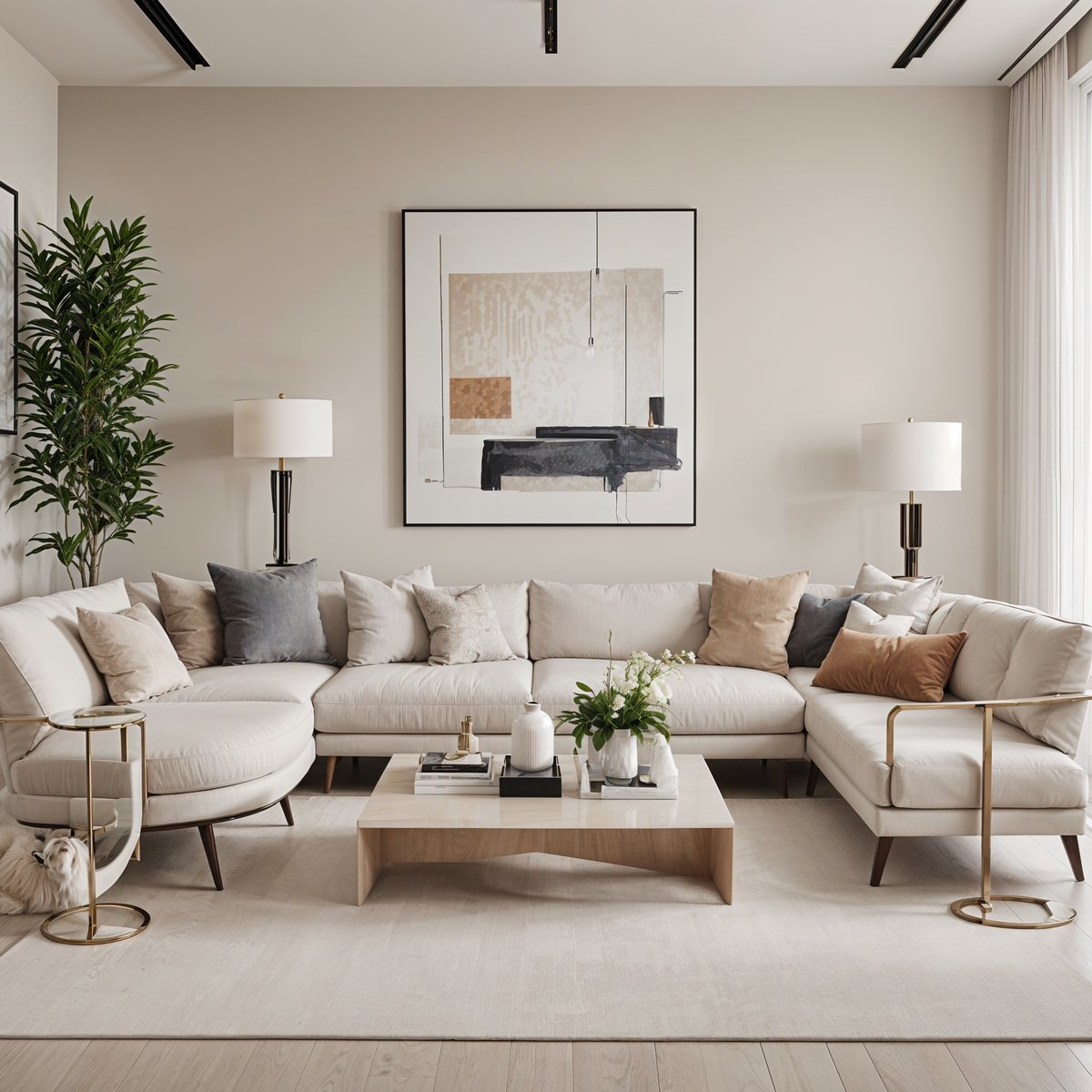 A contemporary living room with a large painting on the wall and a coffee table with plants and vases.