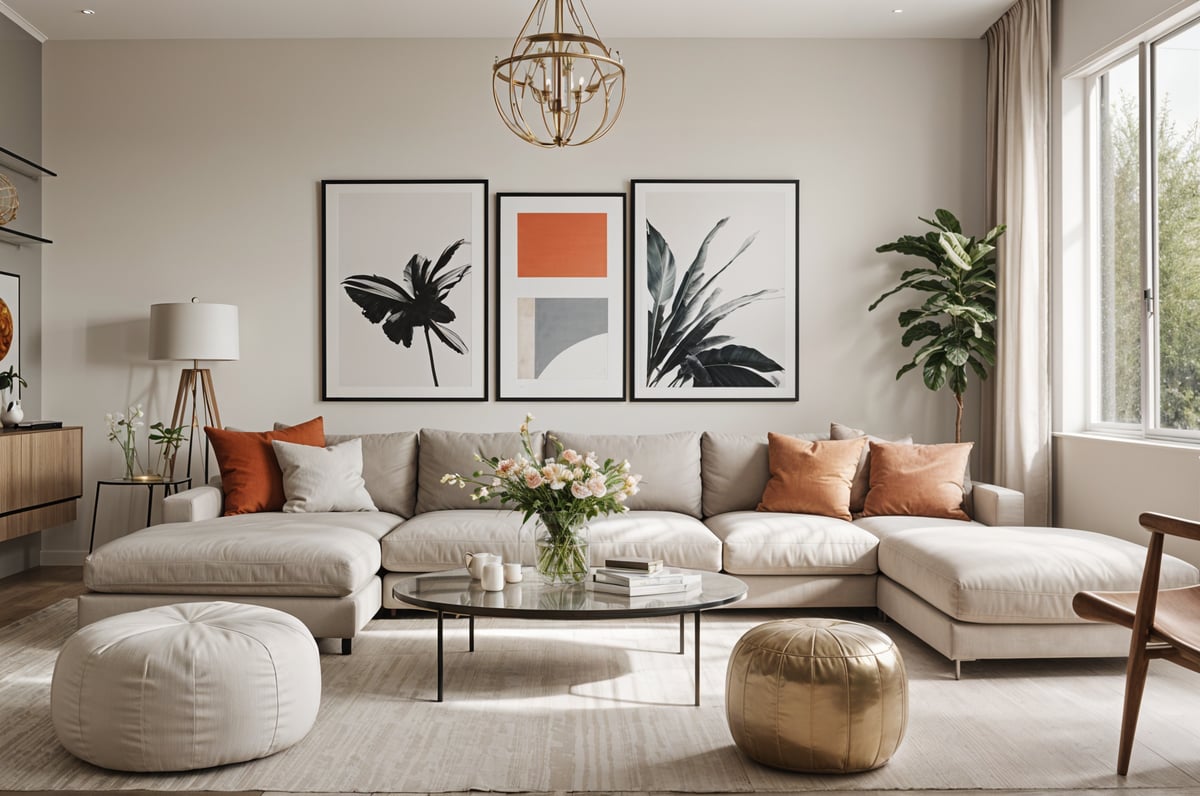 A contemporary living room with a couch, two chairs, and a coffee table. The room is decorated with three pictures and a potted plant.