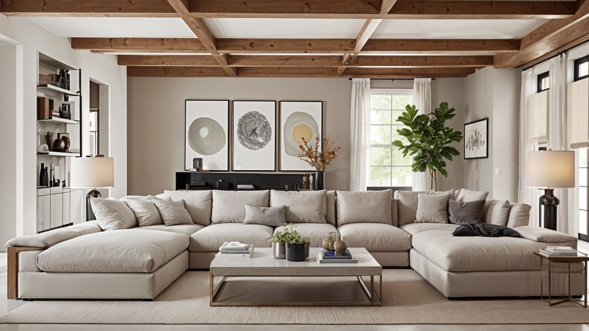 A contemporary living room with a large white couch, a coffee table, and a window. The room is decorated with two paintings, a potted plant, and a vase with flowers.