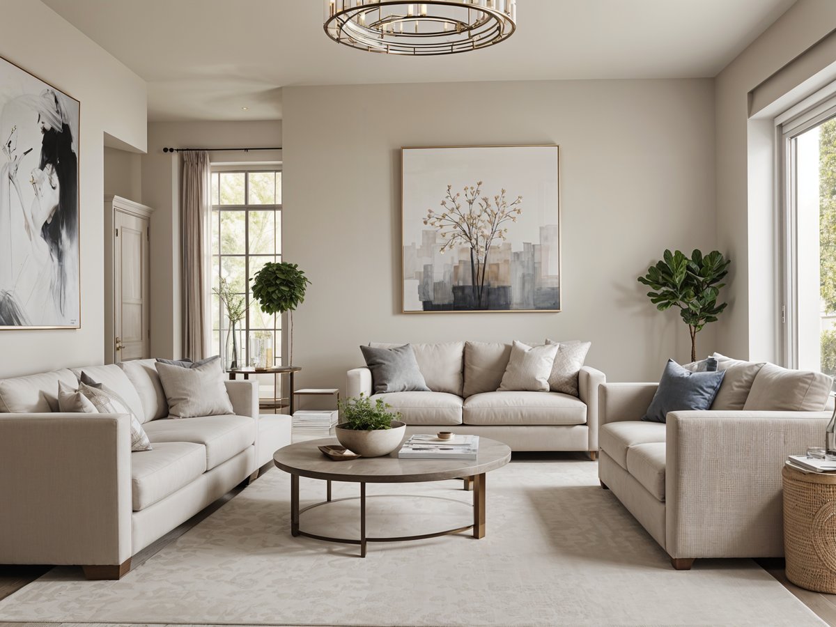 A contemporary living room with a couch, coffee table, and painting on the wall. The room is decorated with potted plants and a vase.