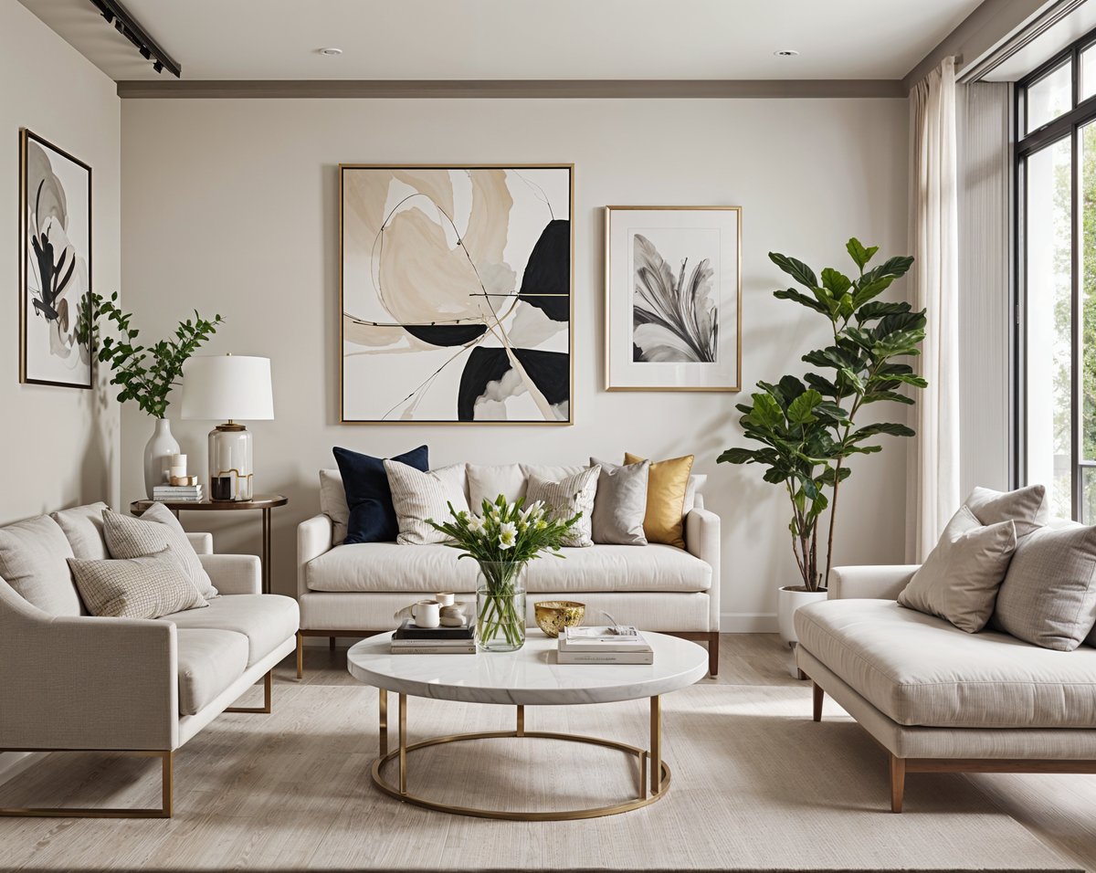 A contemporary living room with a white couch, round coffee table, and three paintings on the wall.