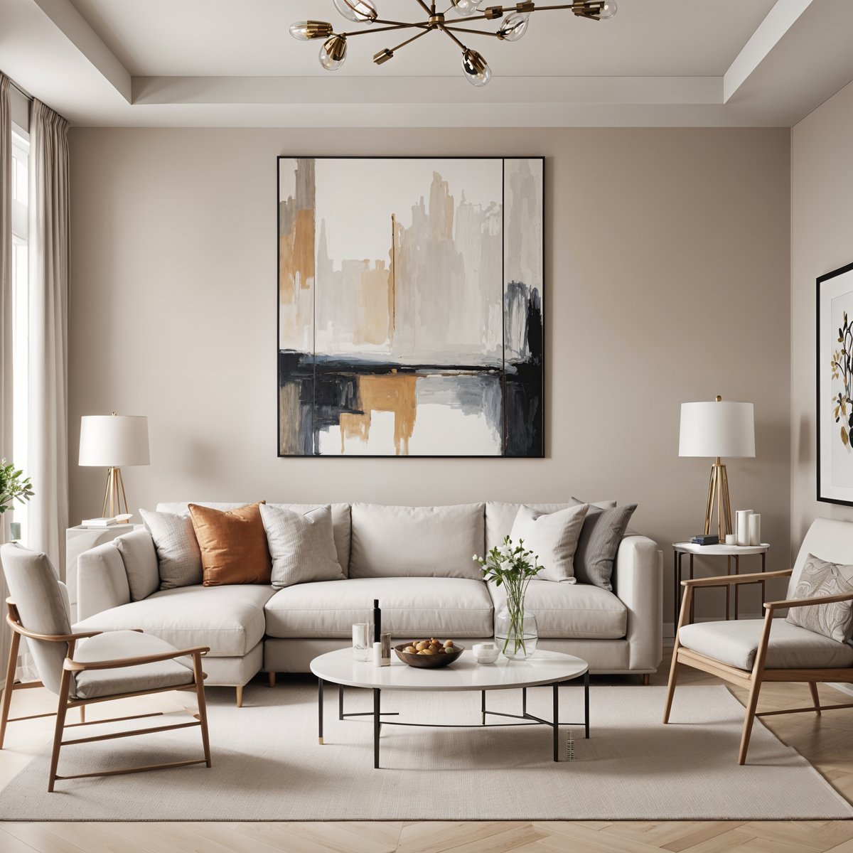 A contemporary living room with a large painting on the wall, a white couch, and a coffee table.