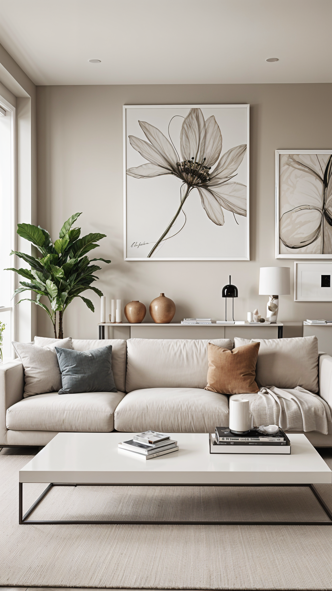 A contemporary living room with a white couch, a coffee table, and artwork on the wall. The room is decorated with a potted plant, a vase, and a lamp. The couch is adorned with pillows, and there are books on the coffee table.