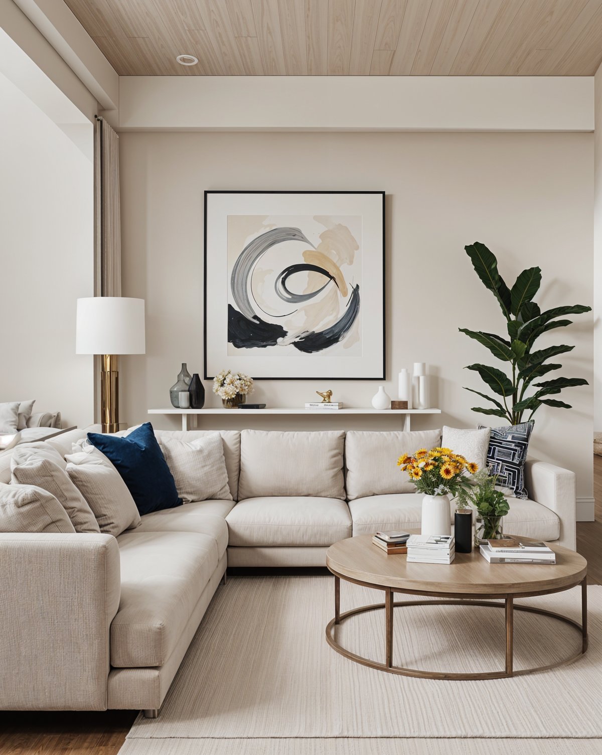 A living room with a white couch, a coffee table, and a painting on the wall. The room is decorated with a potted plant and a vase of flowers.