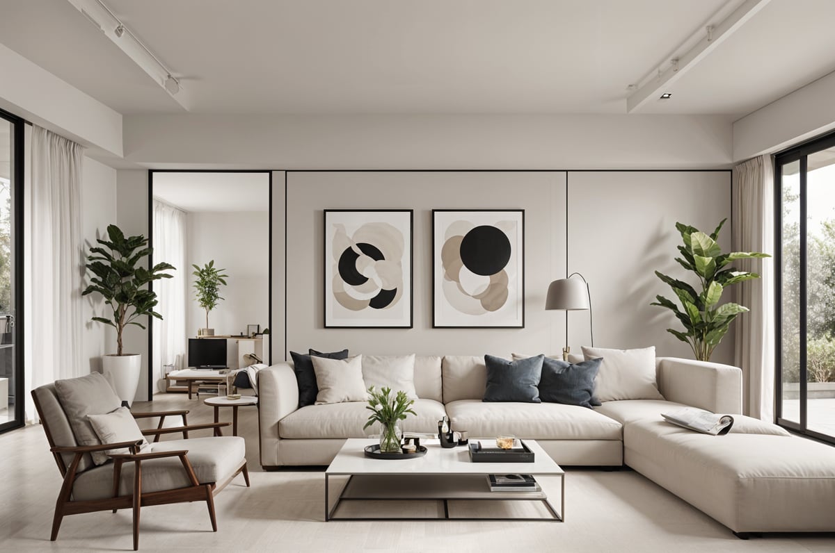 A white couch sits in a contemporary living room with two paintings on the wall and potted plants and vases decorating the space.