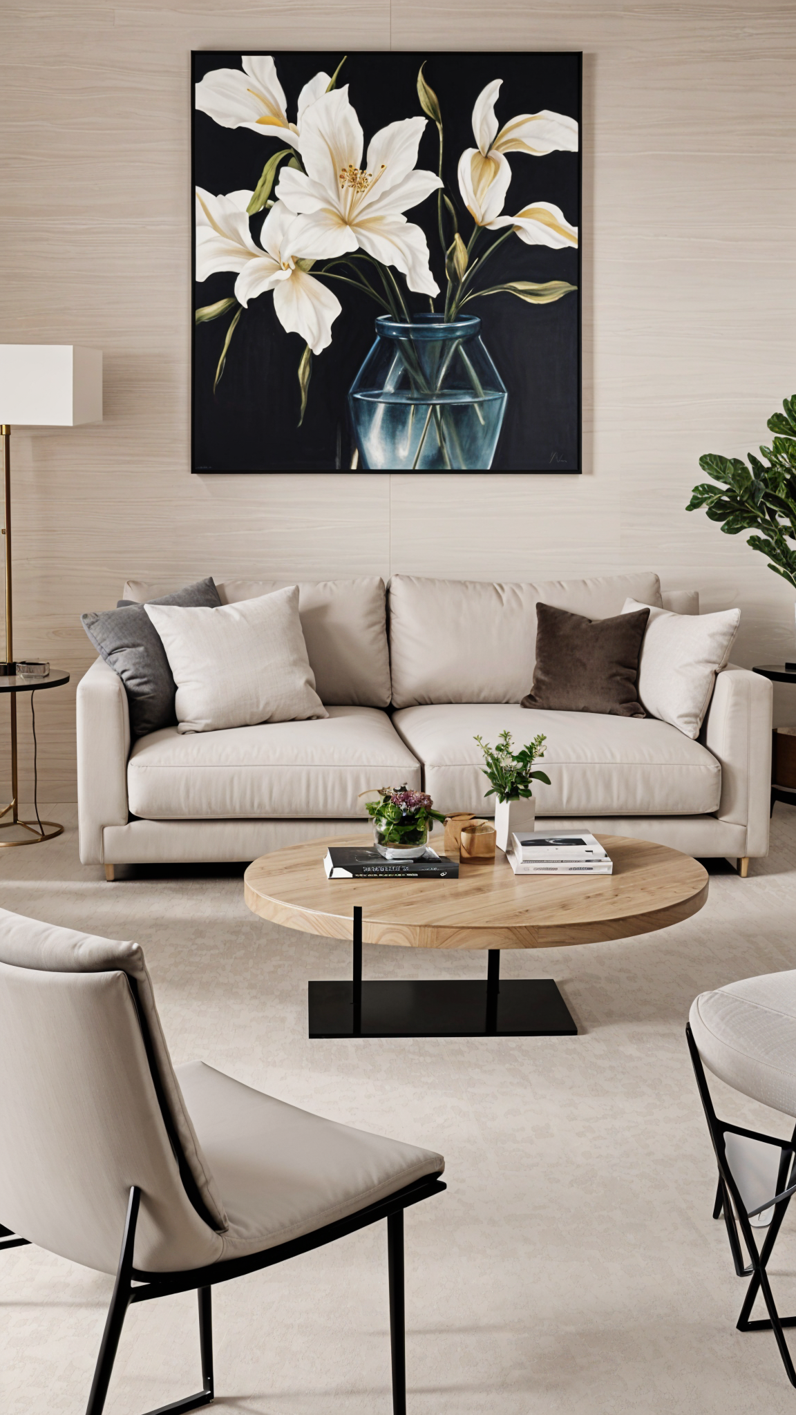 A contemporary living room with a white couch, a coffee table and a painting on the wall. The couch is covered with grey pillows and there are several books on the table. A vase with flowers is placed on the table, adding a touch of elegance to the room.