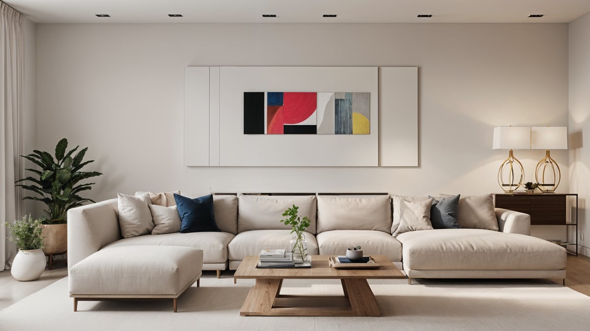 A contemporary living room with a large couch, a coffee table, and a painting on the wall.