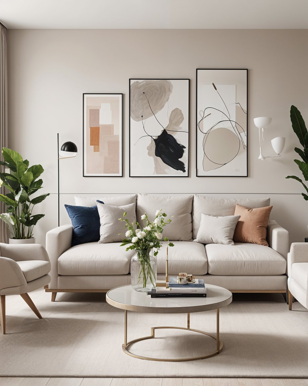 A white couch with pillows and a vase of flowers on a table in a contemporary living room.