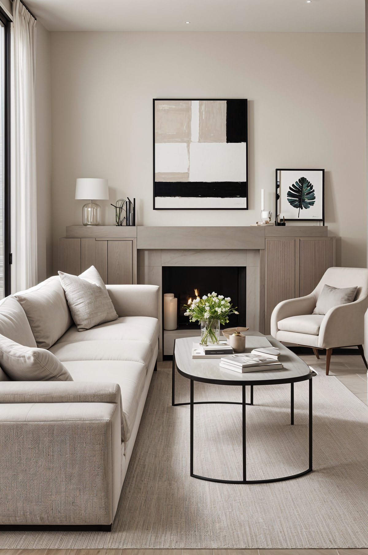 A contemporary living room with a fireplace, a white couch, and a coffee table. The room is decorated with a painting, a vase of flowers, and a potted plant.