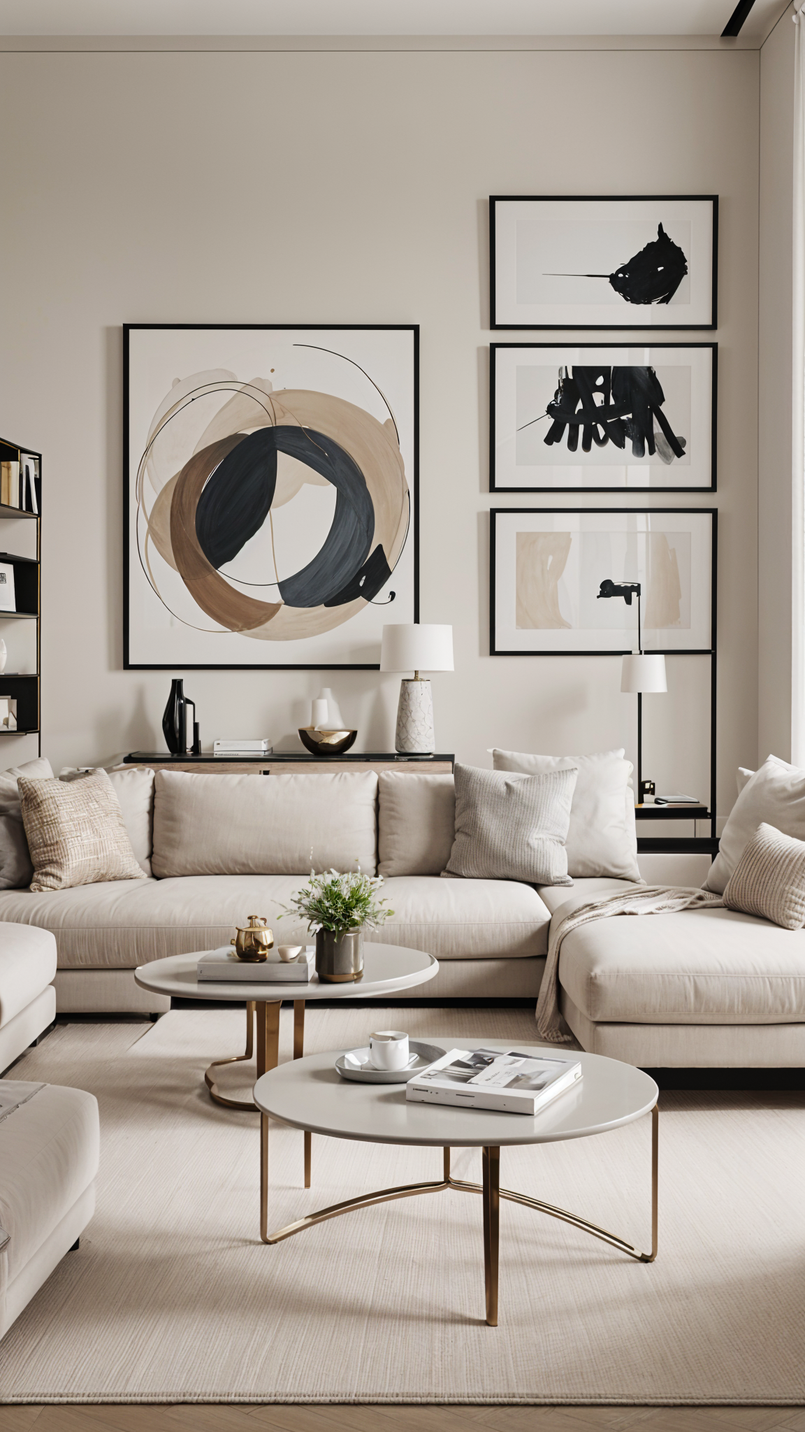 A contemporary living room with a white couch, artwork, and a vase with flowers on the coffee table.