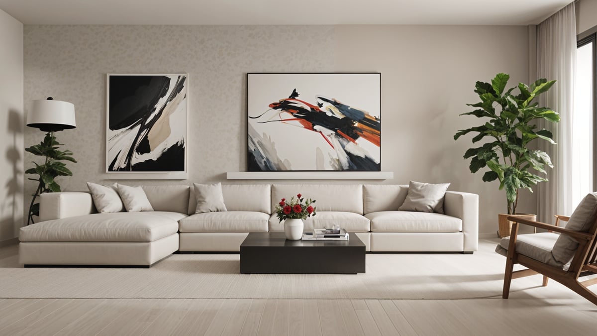 A contemporary living room with a white couch, a coffee table, a vase of flowers, and two paintings on the wall.