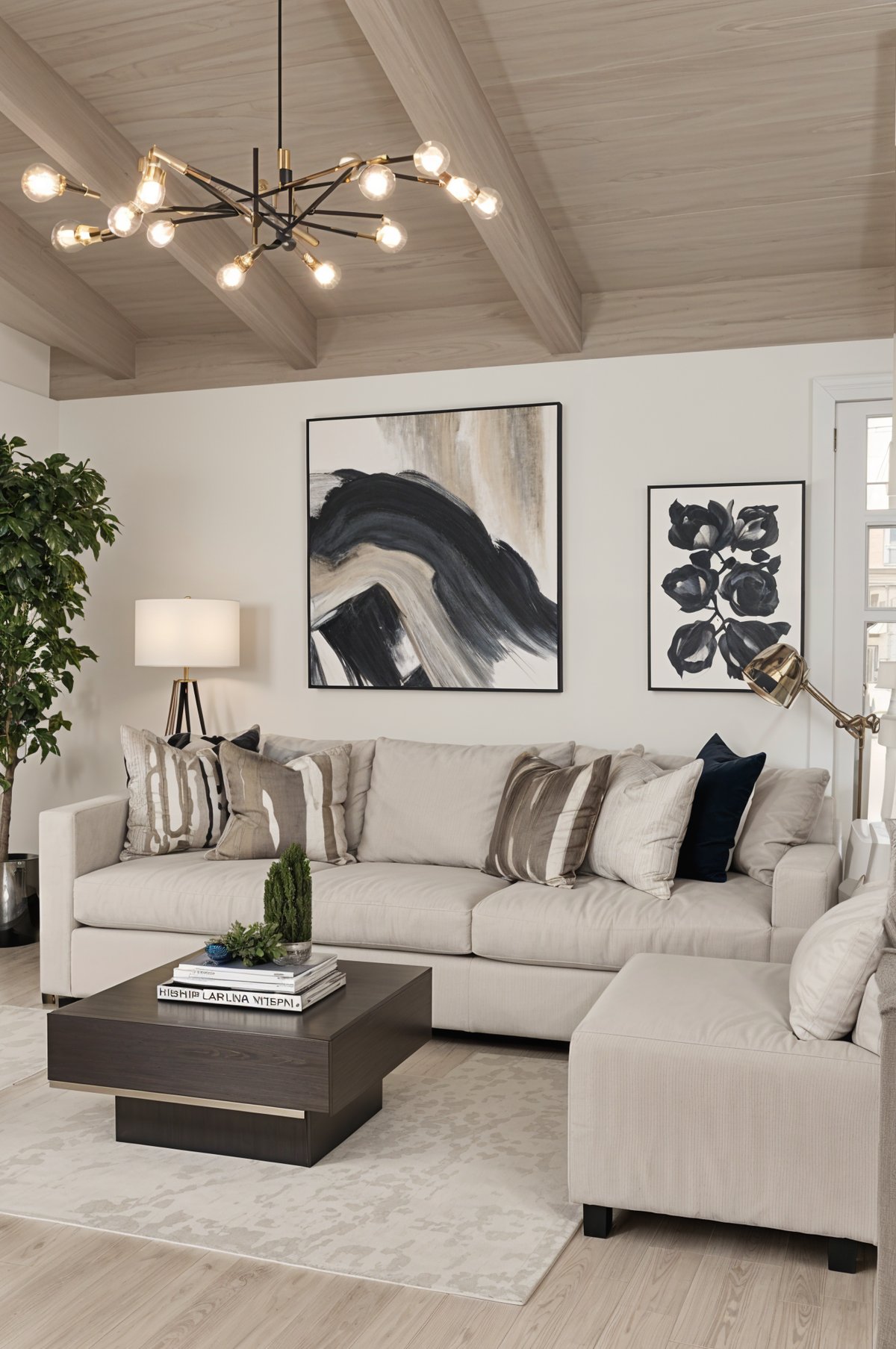 A contemporary living room with a couch, coffee table, and two paintings on the wall. The room is decorated with a potted plant and a vase of flowers, creating a cozy and inviting atmosphere.