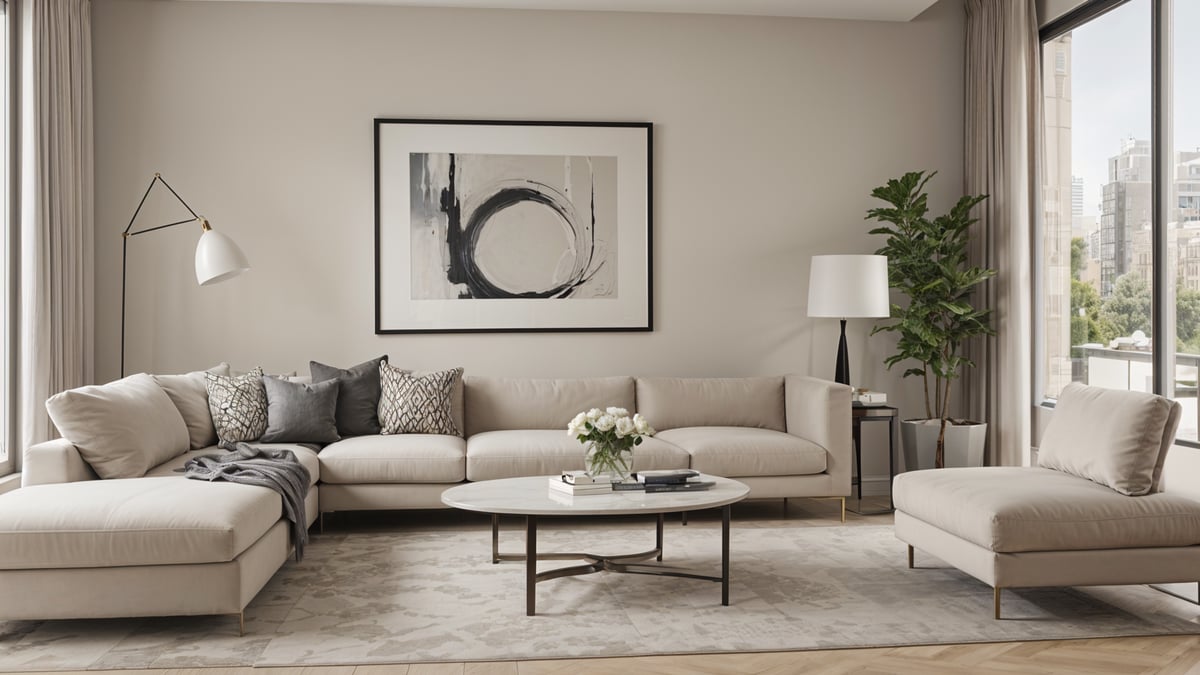 A contemporary living room with a large white couch, a coffee table, and a painting on the wall. The room is decorated with a rug and a potted plant, and features a vase of flowers on the coffee table.