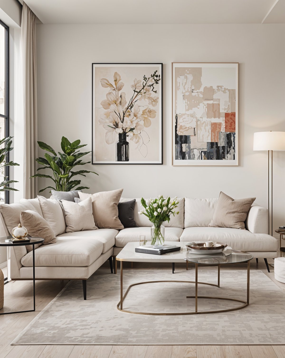 A contemporary living room with a white couch, a coffee table, and two pictures on the wall. The couch is adorned with pillows and a vase of flowers sits on the coffee table. The room is decorated with potted plants and has a large window that lets in plenty of natural light.