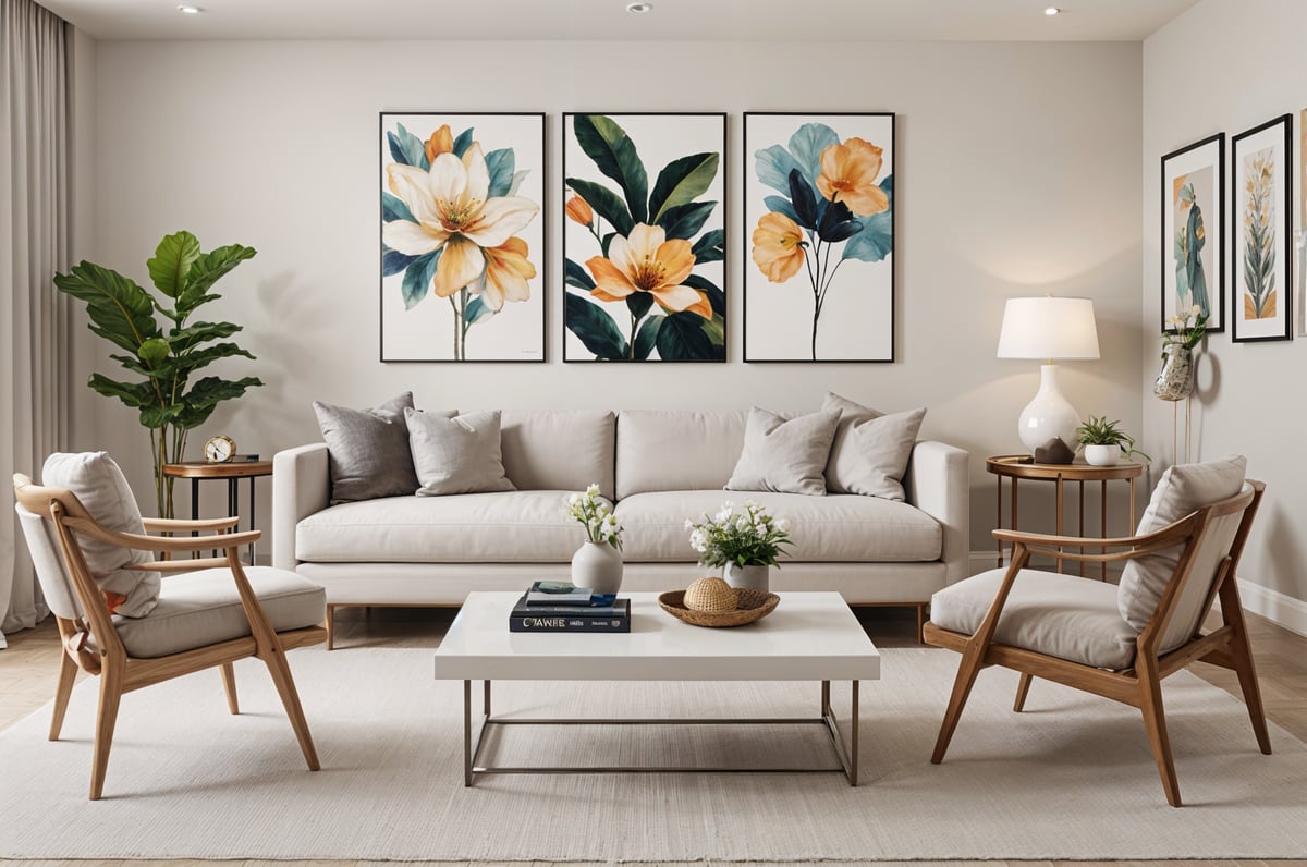 A contemporary living room with a white couch, a coffee table, and a rug. The room is decorated with three paintings of flowers hanging on the wall above the couch.