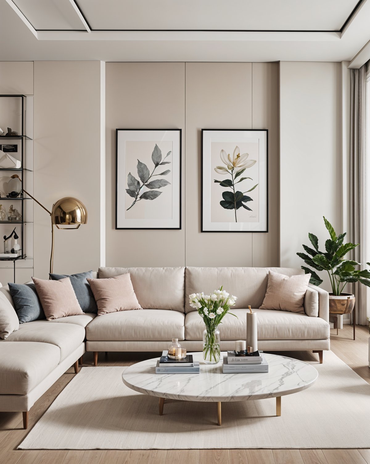 A contemporary living room with a couch, pictures, and flowers.