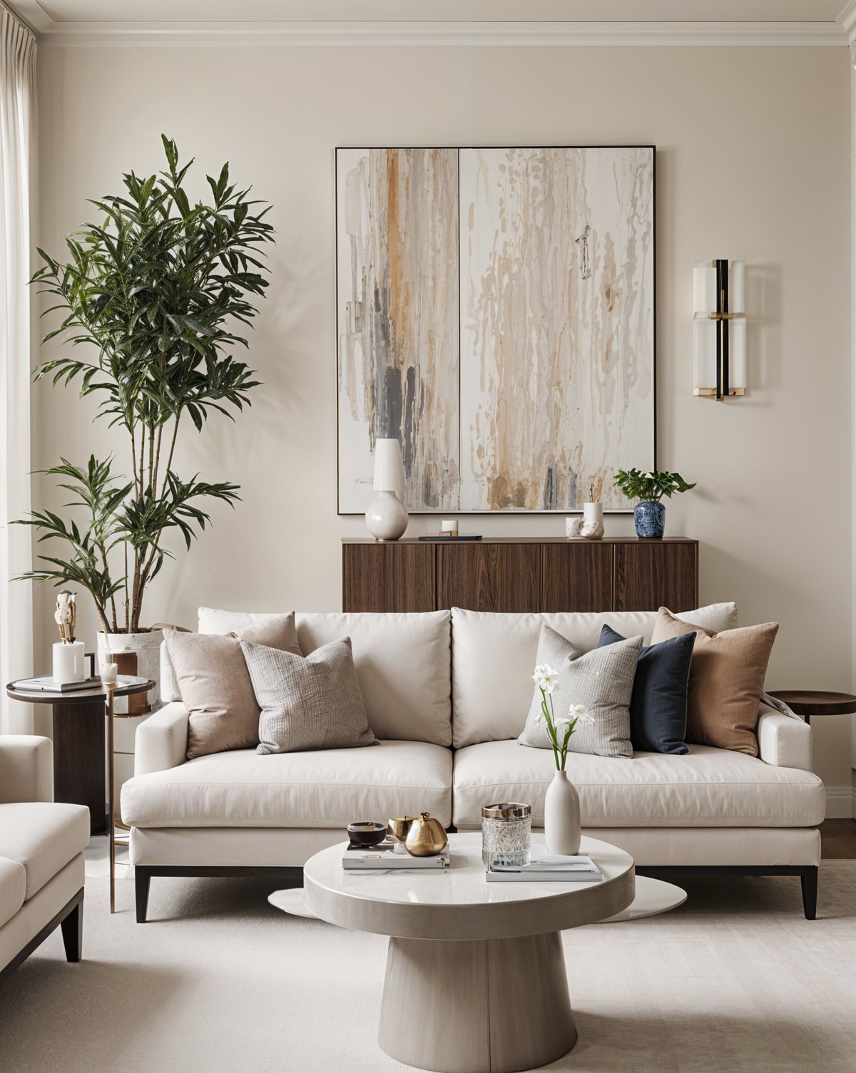 A contemporary living room with a white couch, a coffee table, and a large painting on the wall. The room is decorated with potted plants and vases, creating a cozy and inviting atmosphere.