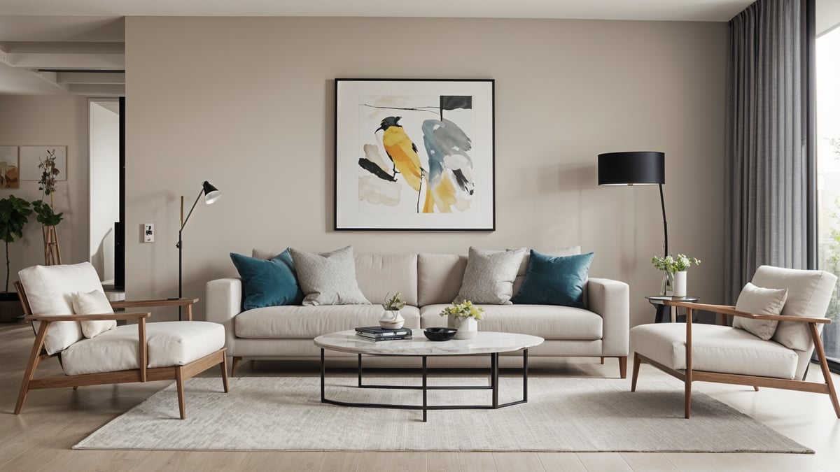 A contemporary living room with a couch, coffee table, and a painting on the wall. The couch is white and has blue pillows. The coffee table is in the center of the room and has a vase on it. The painting is a large abstract piece that adds a modern touch to the space.