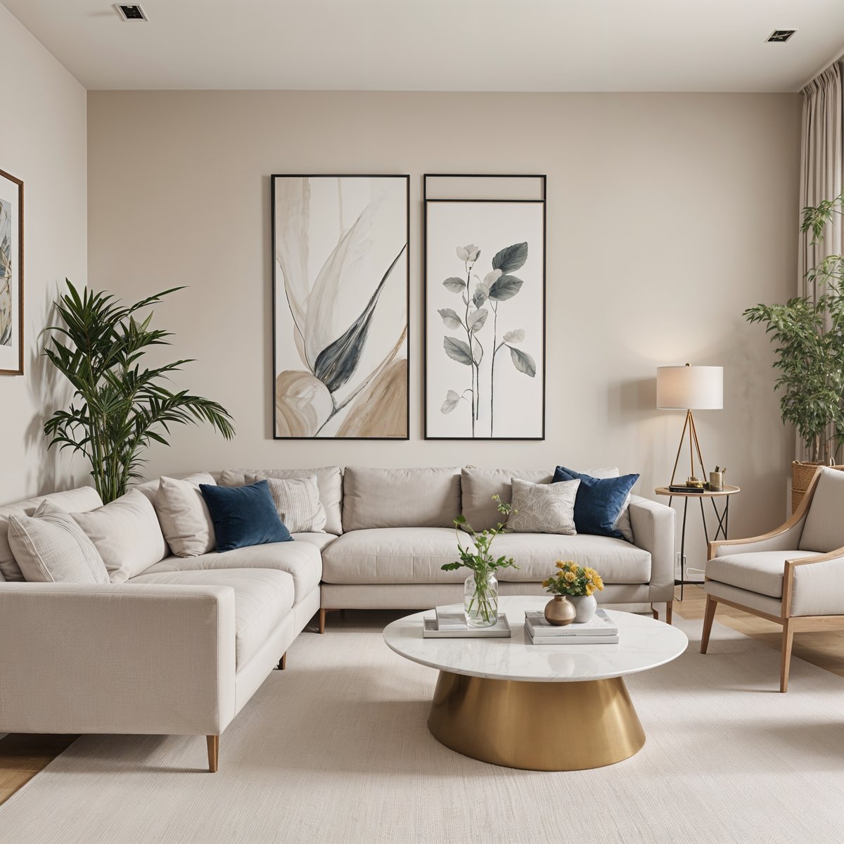 A contemporary living room with a large sofa, coffee table, and artwork on the wall.