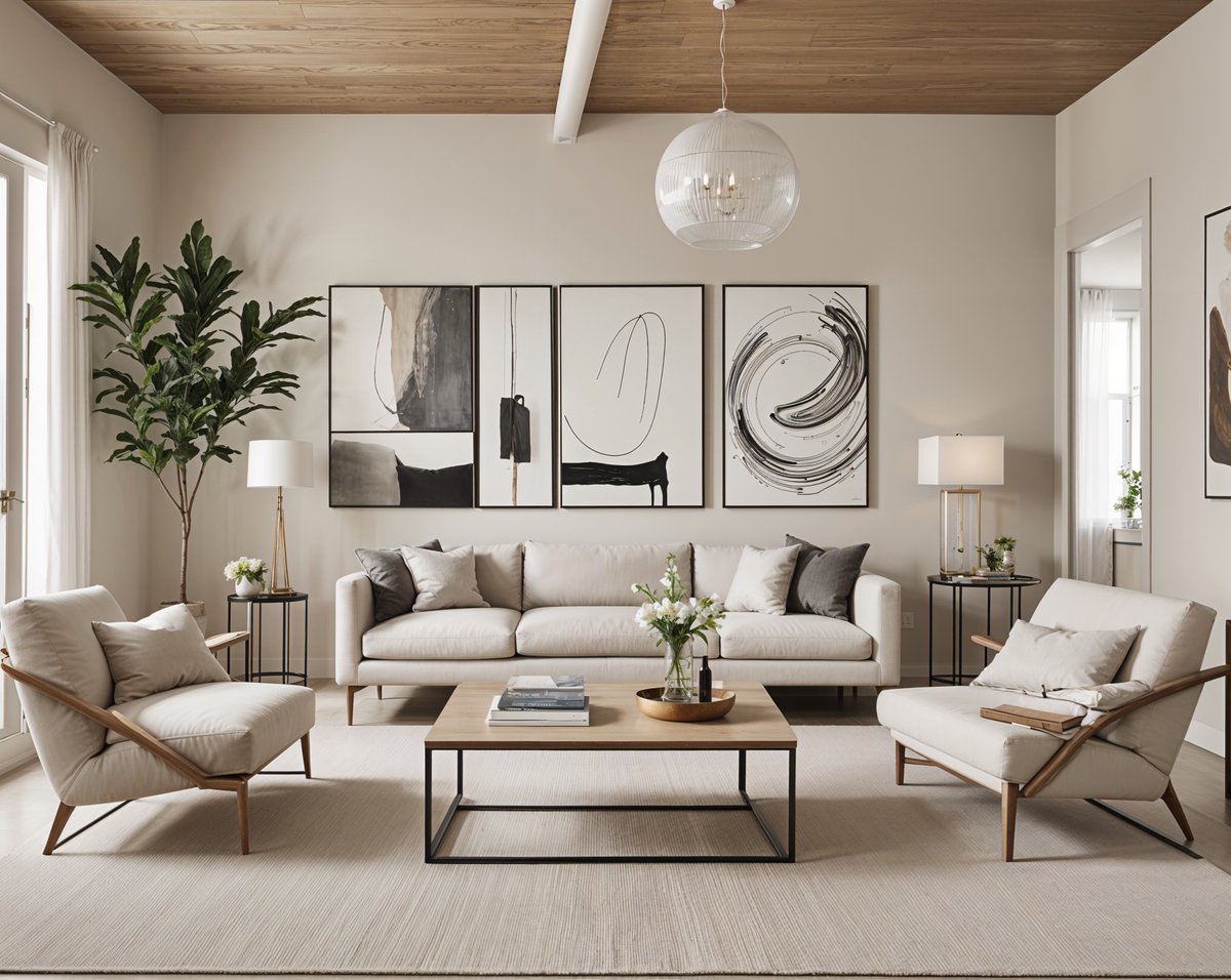 A contemporary living room with a white couch, coffee table, and chairs. The room is decorated with artwork and has a large window.