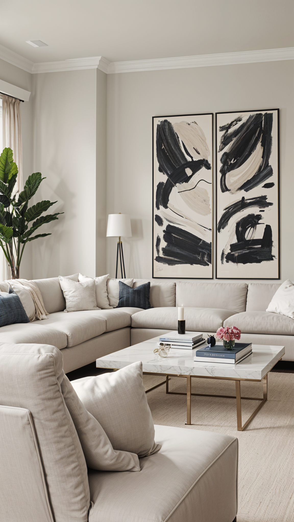 A living room with a white couch, glass coffee table, painting, potted plant, and vase of flowers.