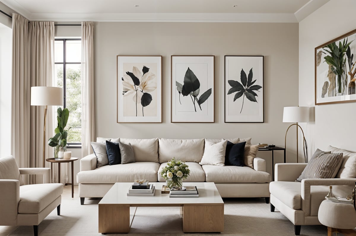 A living room with a white couch, a coffee table, and three framed pictures on the wall.