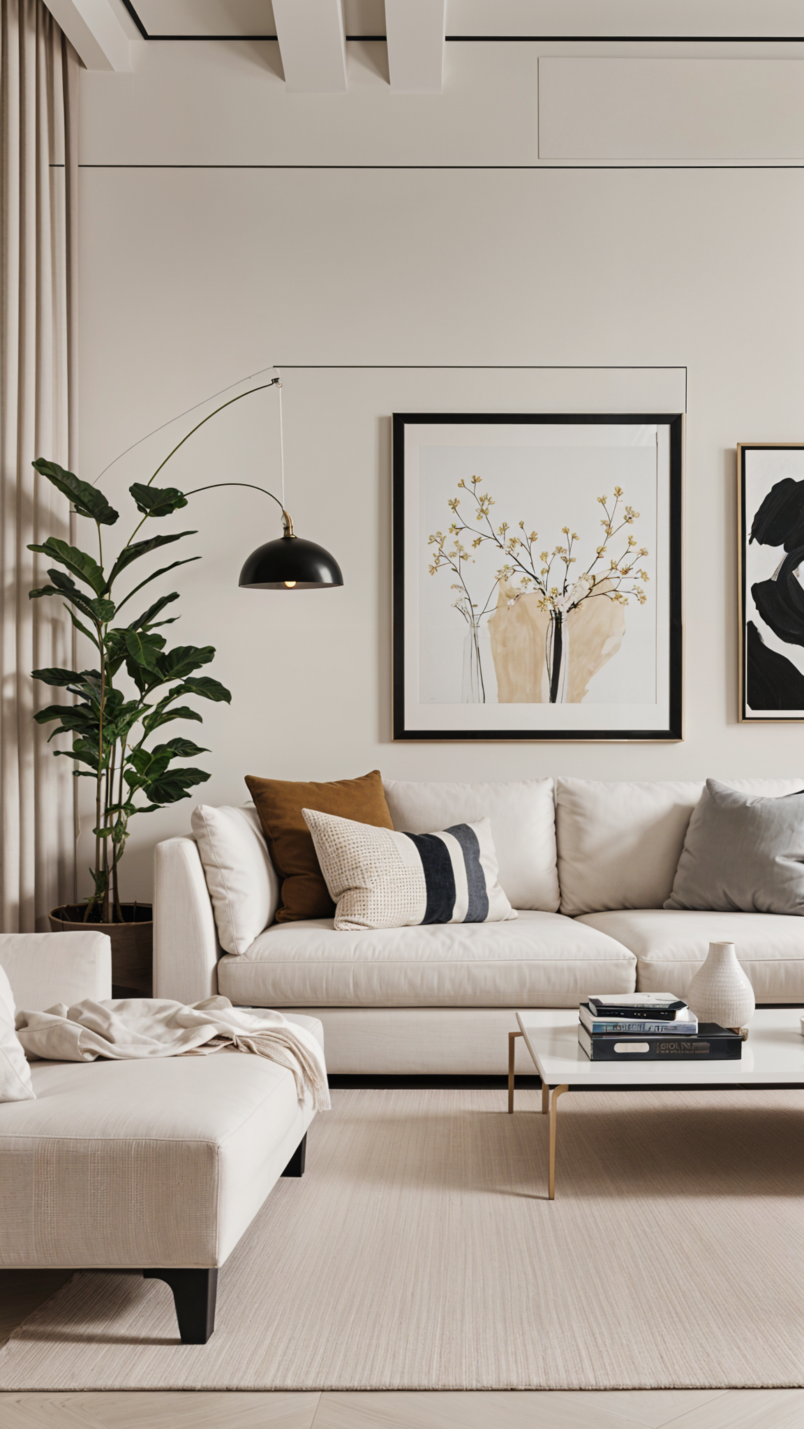 A contemporary living room with a white couch, a lamp, and three paintings on the wall. The room is well decorated with a potted plant and a vase on the table.