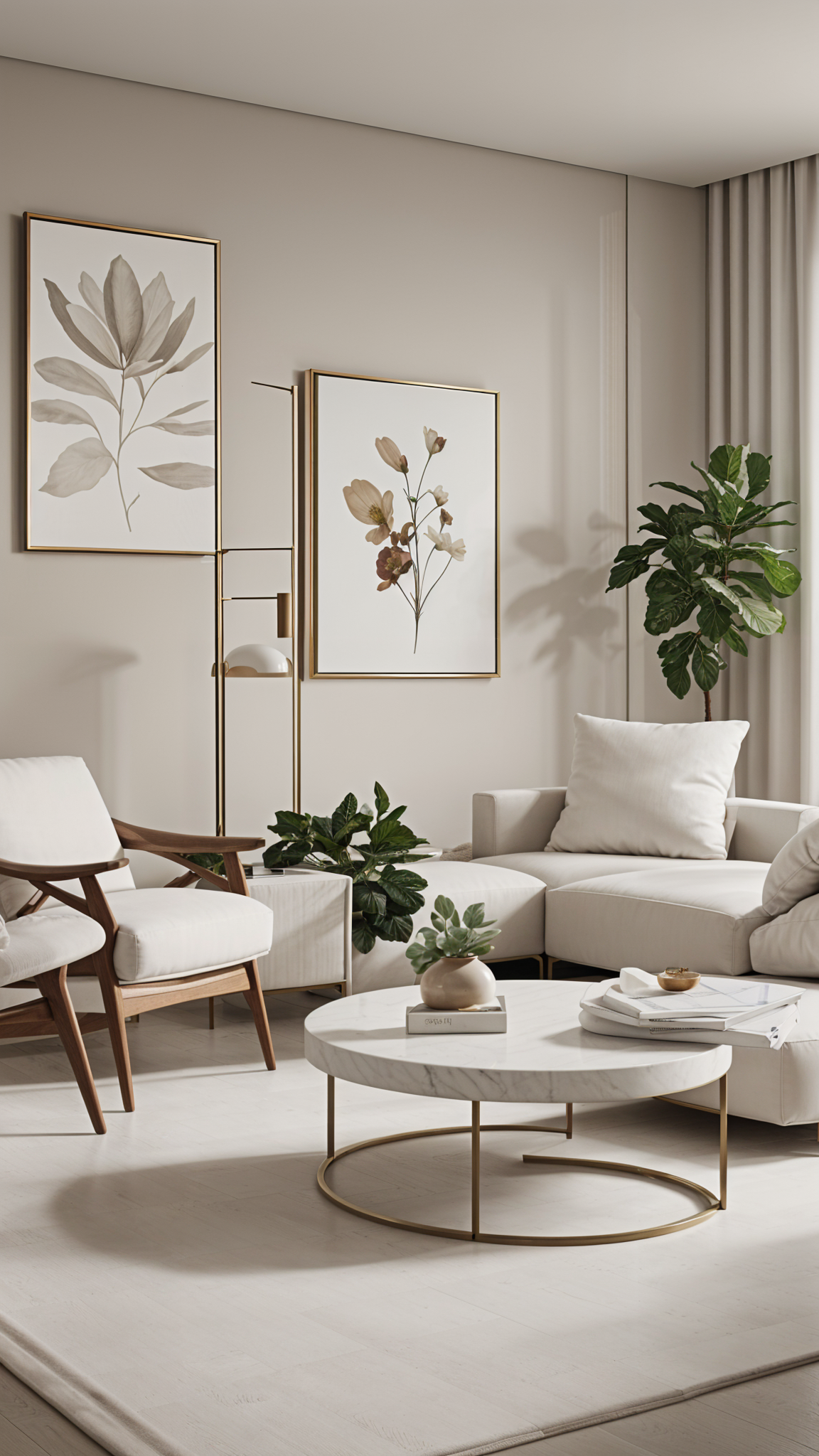 A contemporary living room with a white couch, chairs, and potted plants.