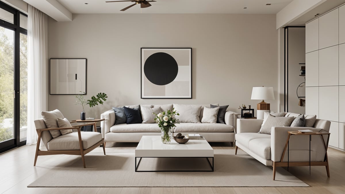 A living room with a white couch, a coffee table with a vase of flowers, a large black and white painting, and a ceiling fan.