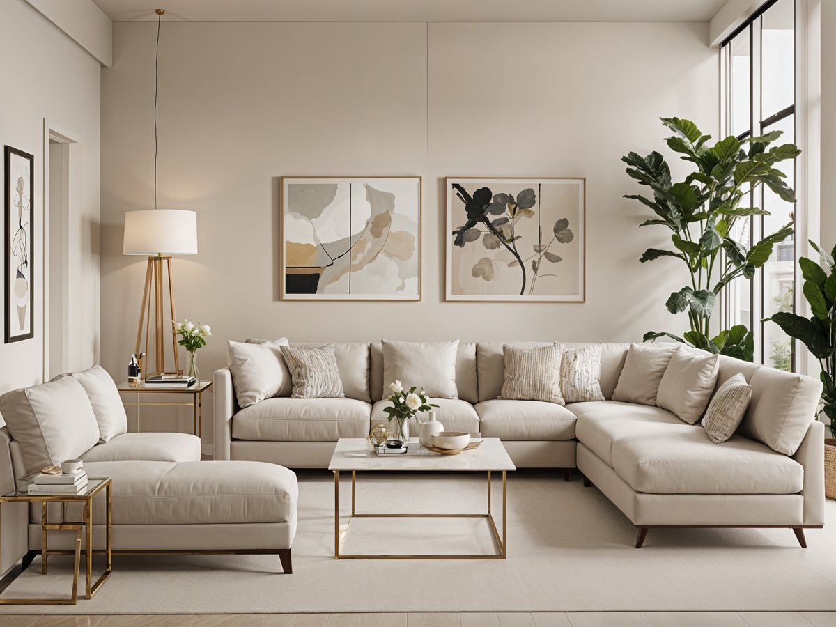 A contemporary living room with a white couch, coffee table, paintings, and a potted plant.