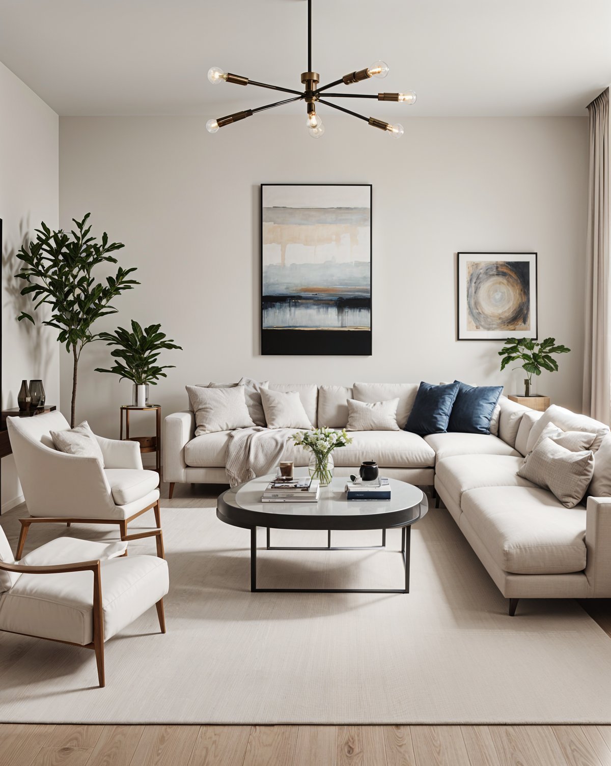 A contemporary living room with white furniture and a large painting.