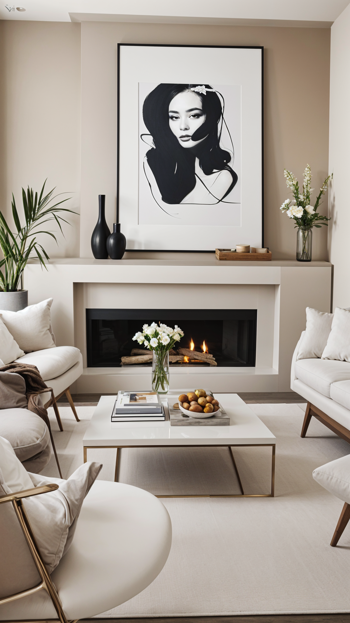 A contemporary living room with a fireplace, white furniture, and a painting on the wall.