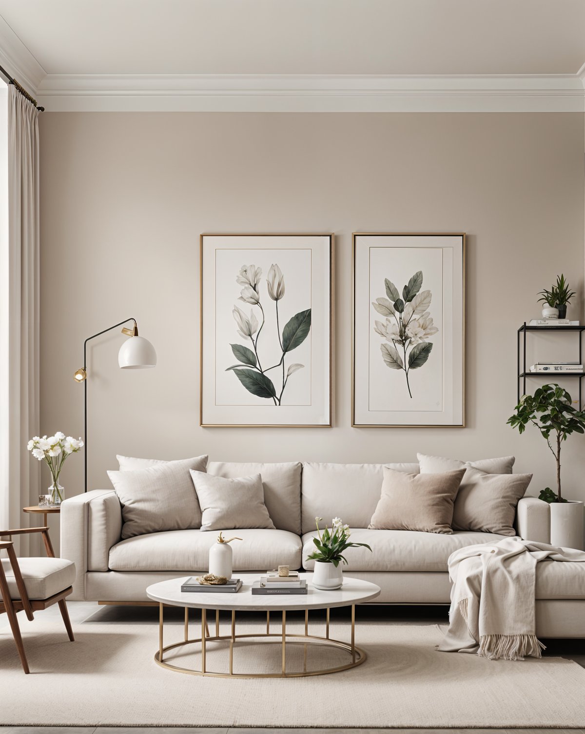 A contemporary living room with a white couch, two paintings on the wall, and a vase of flowers.