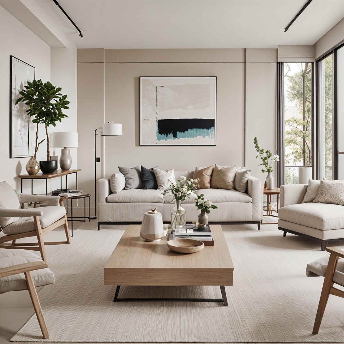 A contemporary living room with a large couch, chairs, and a coffee table. A painting on the wall and a large window add to the room's design.