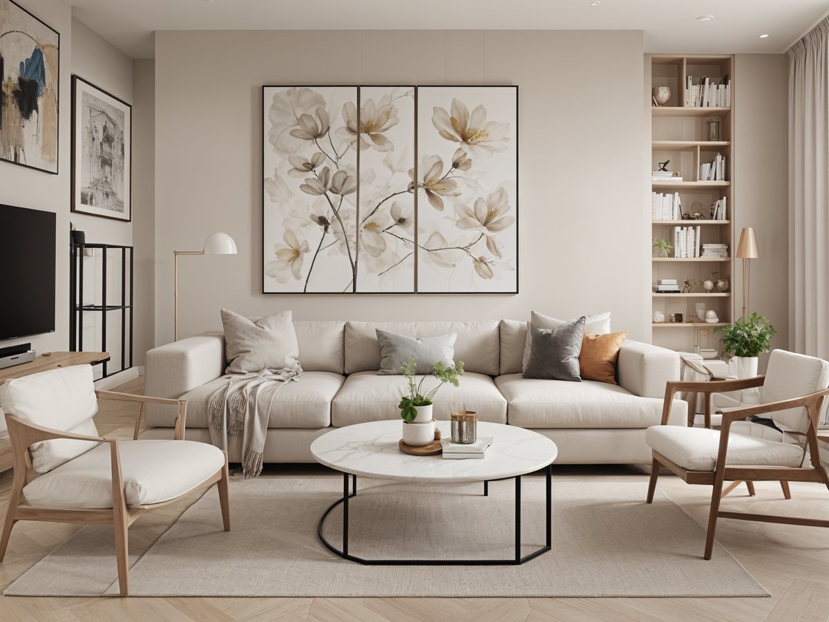 A contemporary living room with a large white couch, round coffee table, and painting on the wall. The room is decorated with potted plants and books.