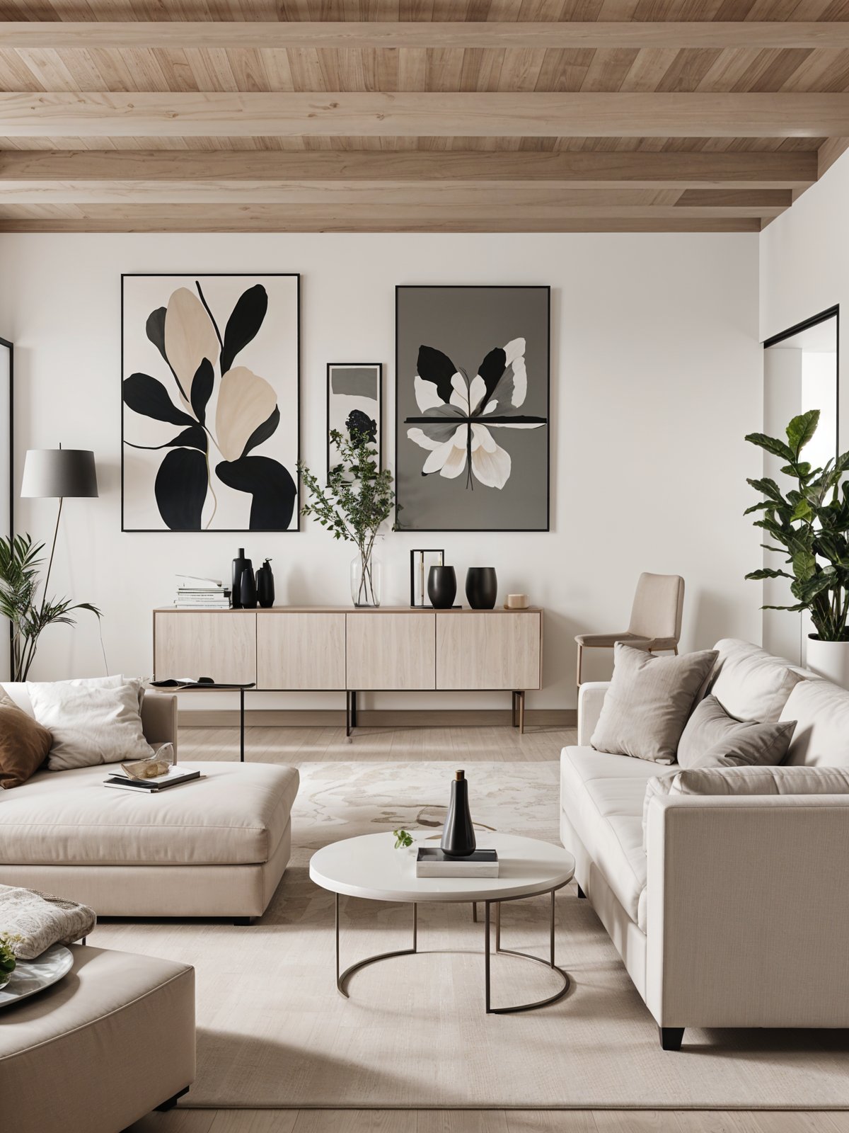 A living room with a white couch, coffee table, and pictures on the wall. The room is decorated with potted plants and vases.